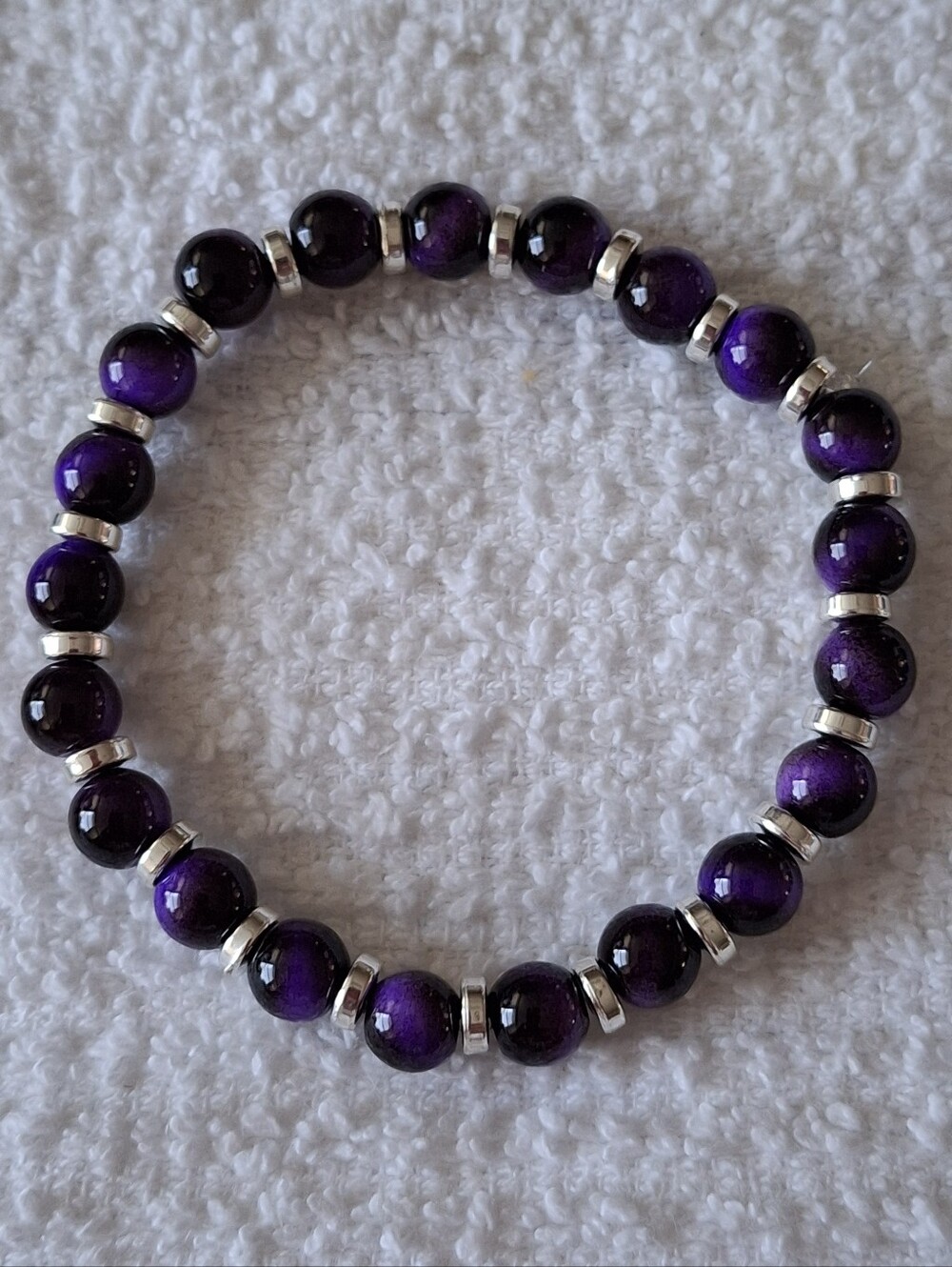PLUS SIZE Purple and Black Tiger Eye Stretch Bracelet with Silver Accents